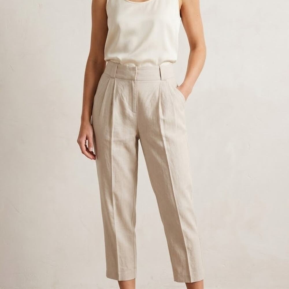 Ted Baker Pants Womens 0/US 2 Beige Linen High-rise Cropped Pleated Trousers